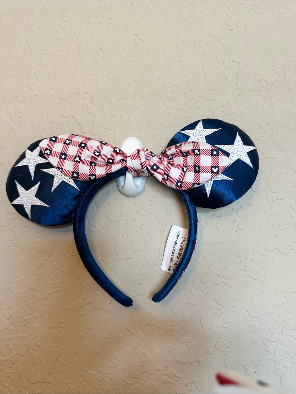 Patriotic Star Minnie Ears Headband with Red Gingham Bow